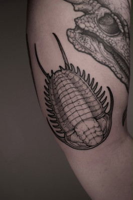 Natural History Tattoo mit Trilobit und Dinosaurier- Schädel von Isa