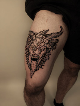 Woodcut Tattoo einer Wasserspeier Maske von Jana