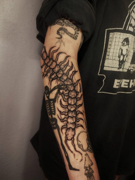 Blastover Tattoo mit großem Tausendfüßer am Arm von Jana